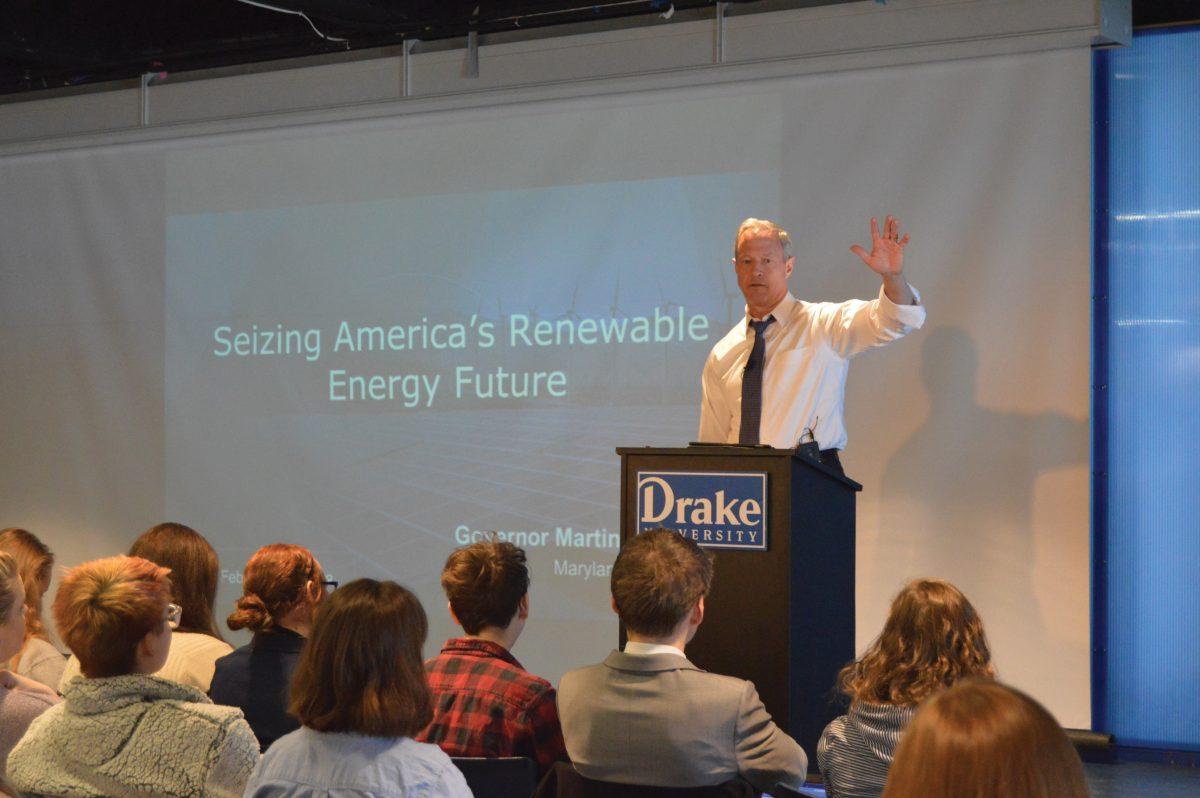 Former governor Martin O'Malley visits Drake to talk climate