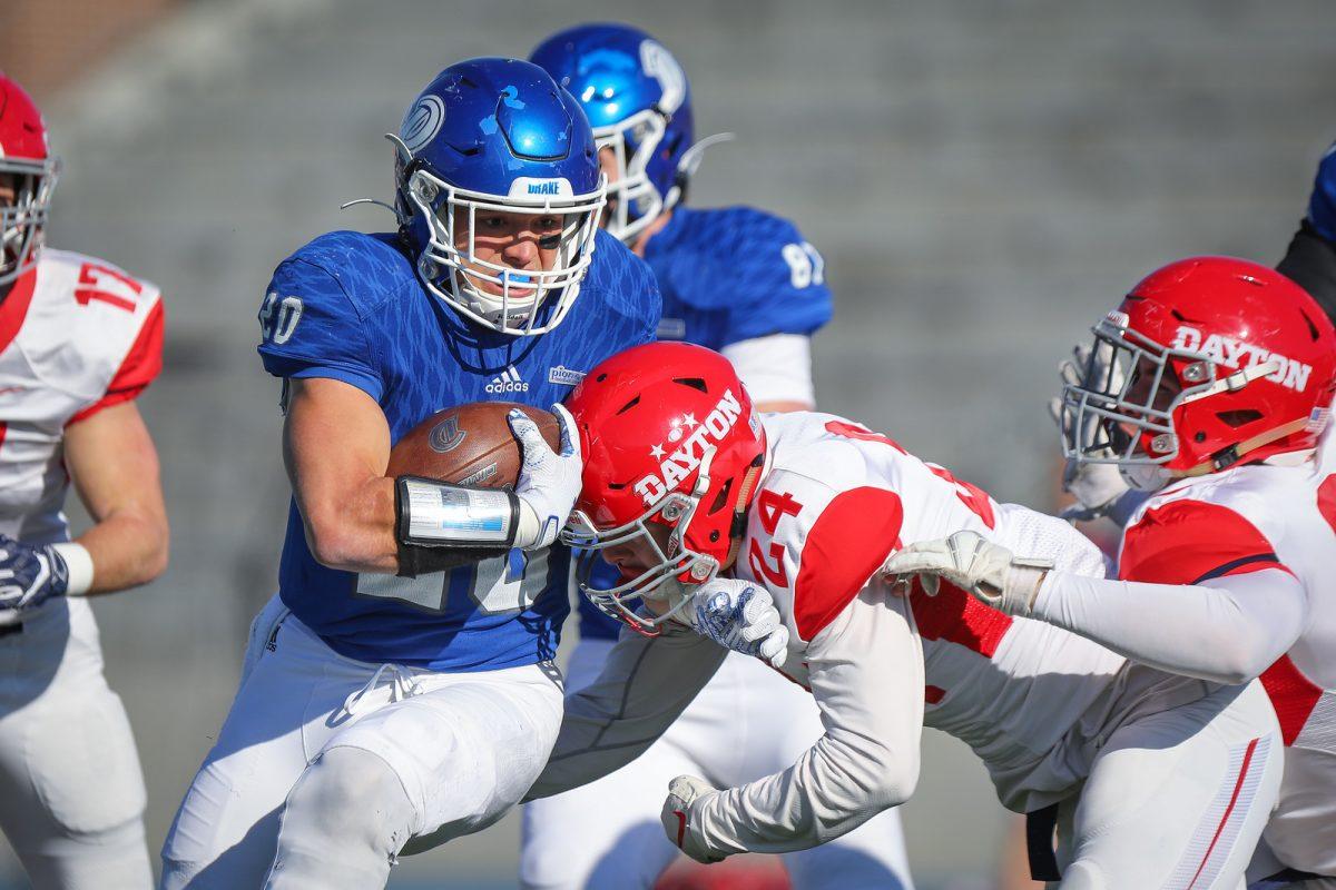 DES MOINES, IA - November 16:  The Drake Bulldogs play against the Dayton Flyers during a Pioneer League football game game at Drake Stadium on Saturday, November 16, 2019 in Des Moines, Iowa. (Photo by Dylan Heuer)