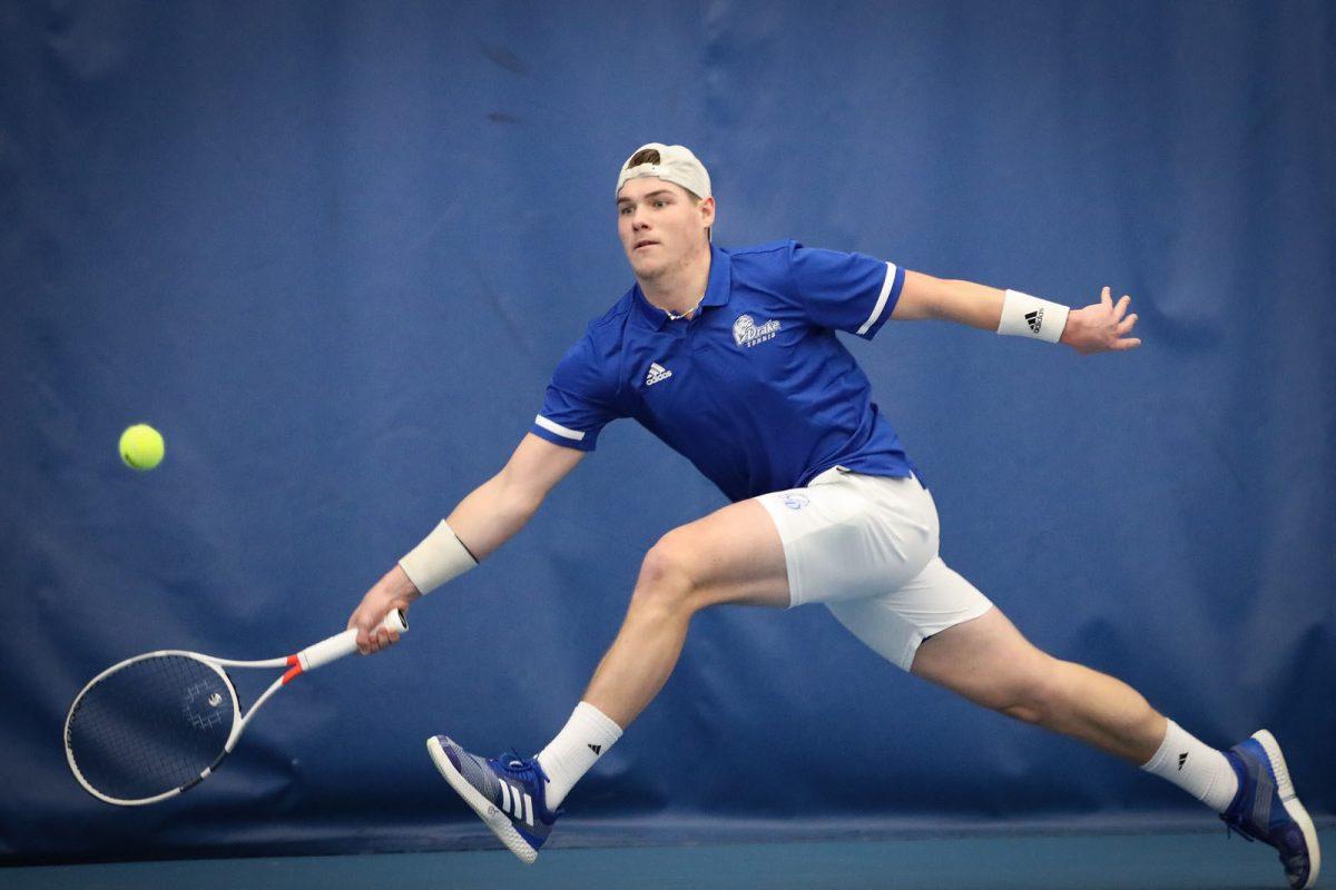 DES MOINES, IA - February 8:  The Drake Bulldogs play against the Iowa Hawkeyes during an NCAA men tennis meet at Roger Knapp Tennis Center on Saturday, February 8, 2020 in Des Moines, Iowa. (Photo by Dylan Heuer)