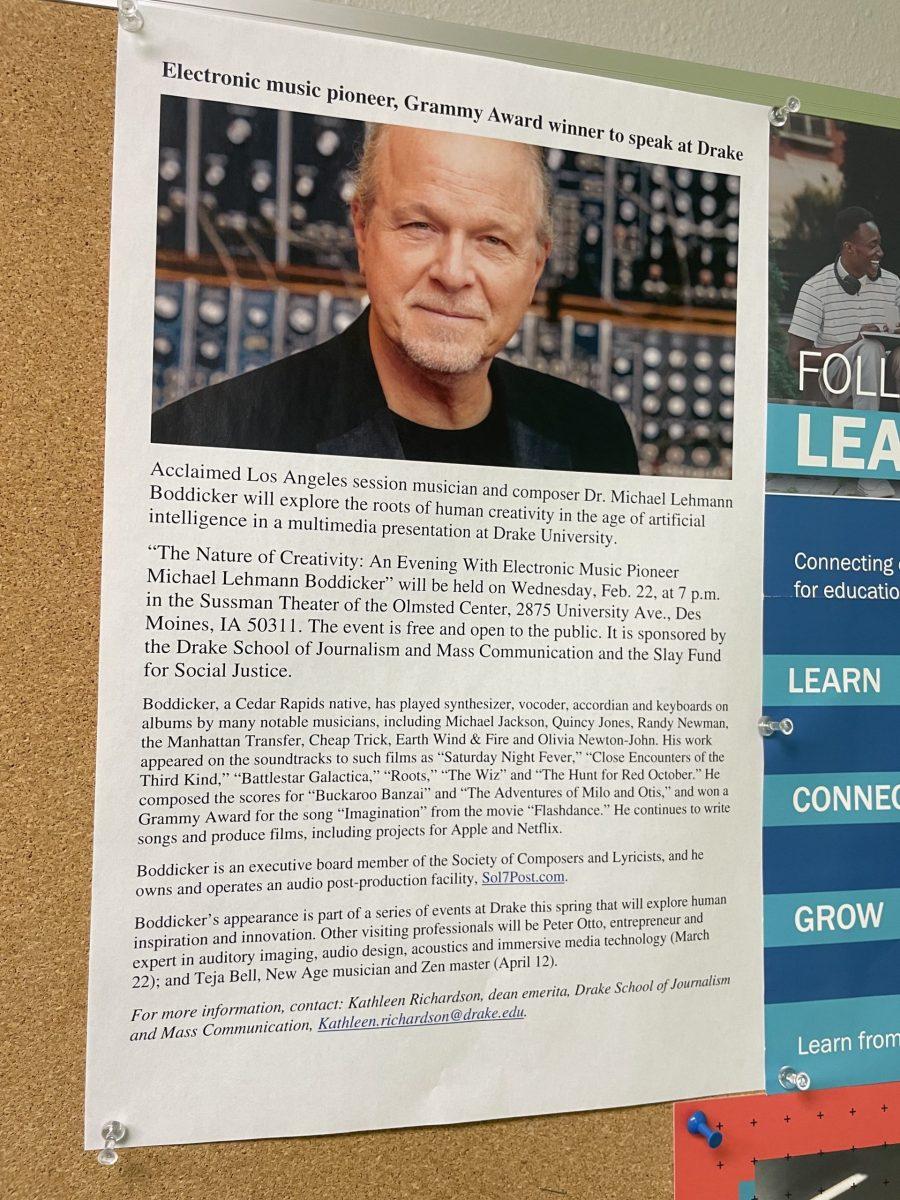 Michael Boddicker
will be speaking to Drake University students on Feb. 22 in the first of a new three-part series entitled “Creativity Across Disciplines.” This event will be held at 7 p.m. in
Sussman Theater. Photo by Grace Altenhofen | Editor-in-Chief