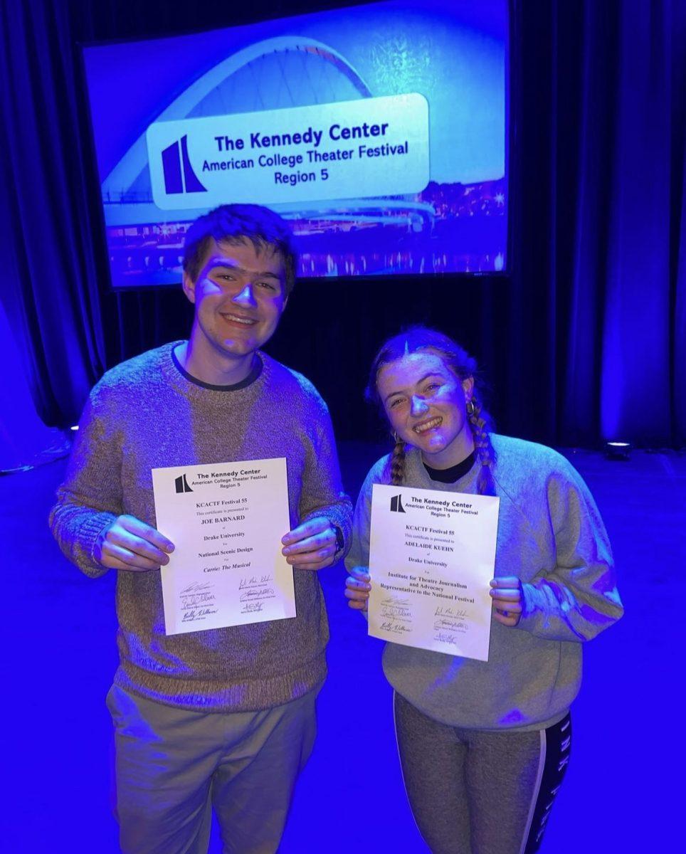 Adelide Kuehn and Joe Barnard were recognized for their work at the Kennedy Center American College Theater Festival that was held in January. They were able to attend with many other Midwest students.
Photo Courtesy of  DrakeUTheatre Instagram