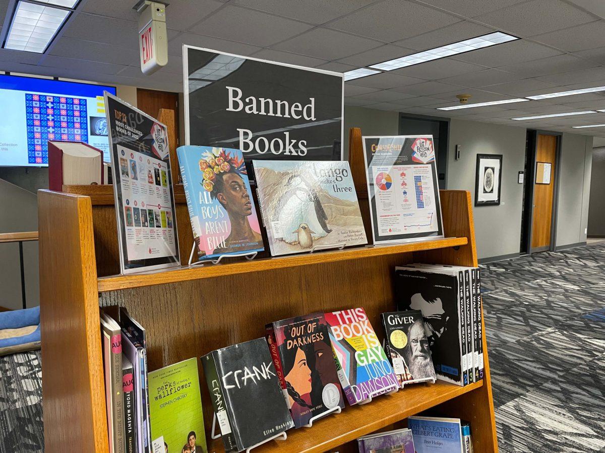 COWLES LIBRARY put up a display of banned books and included information about some of last year’s most challenged books. PHOTO BY Meghan Holloran | photo editor