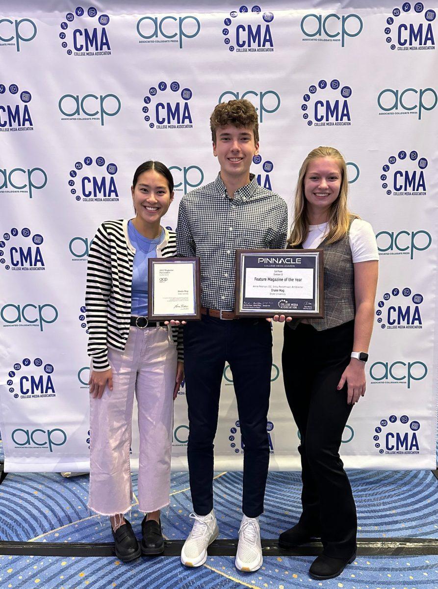 DRAKE MAG won the Pinnacle award for Feature Magazine of the Year. Staff members Nate Eisenmann, Kylie Petty and Lily Eckenrode received the award at the Atlanta, Georgia convention. PHOTO courtesy of Nate Eisenmann