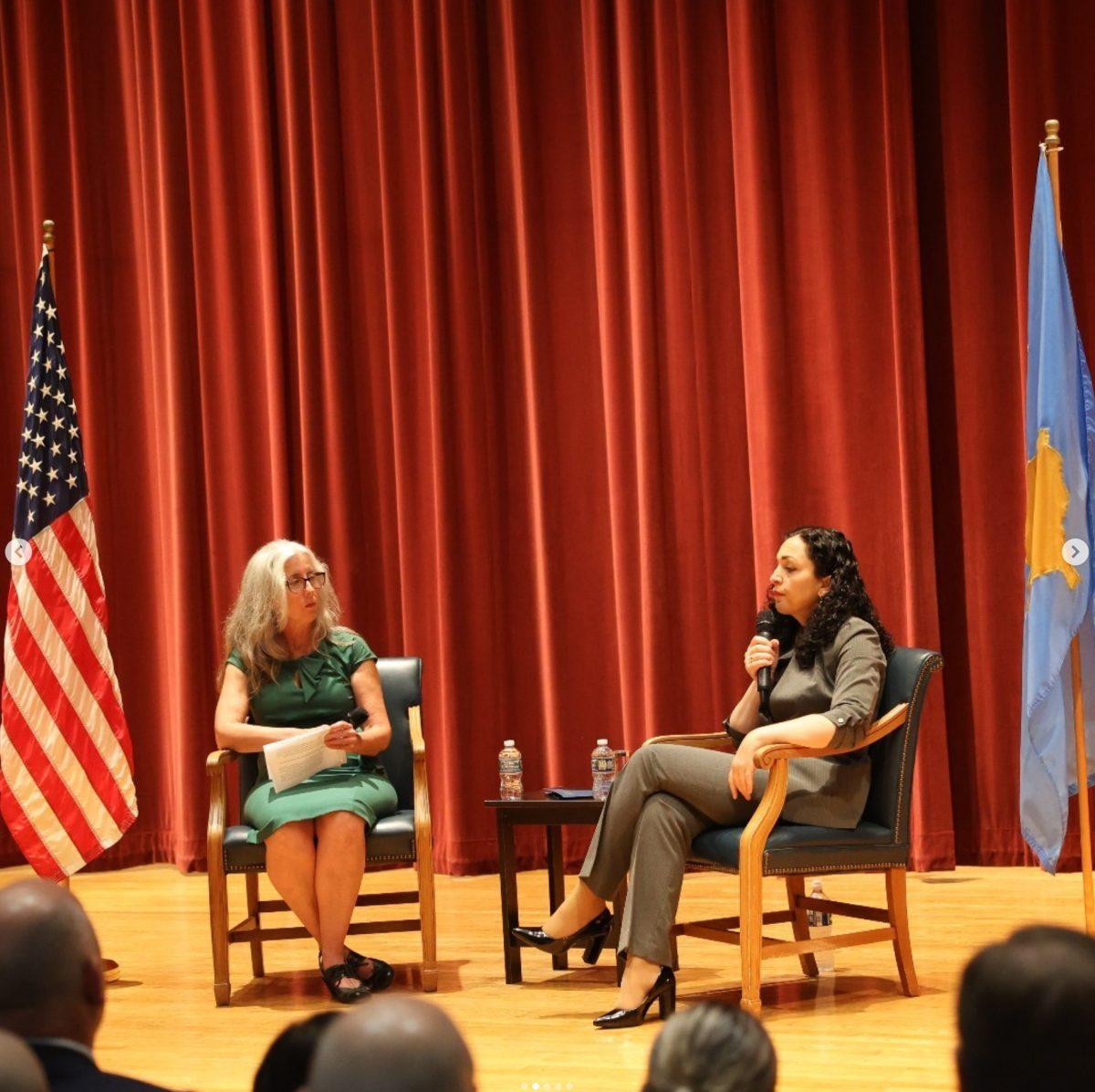 DEBRA DELAET, a political science professor at Drake, moderated the event. President Osmani discussed the future of Drake’s partnership with Kosovo. PHOTO courtesy of Drake University.