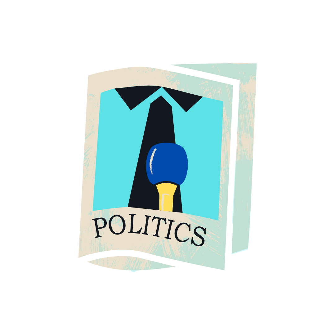 A graphic depicting a suit and microphone with the word Politics across the bottom