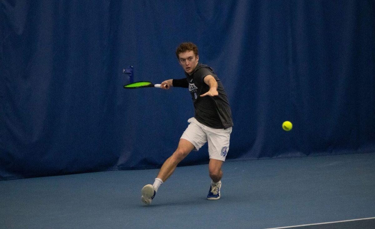 The Drake men's tennis team started their spring season with three straight victories, 2024 with big momentum. Photo by Sarah Fey: Staff photographer.