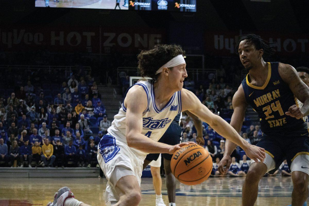 Sophomore guard Conor Enright scored 10 points, shooting four for eight from the field. Also, Enright recorded six assists en route to a 95-point game by the dominant Drake Bulldogs offense in their win on Feb. 18. Photo by Sarah Fey | Staff Photographer