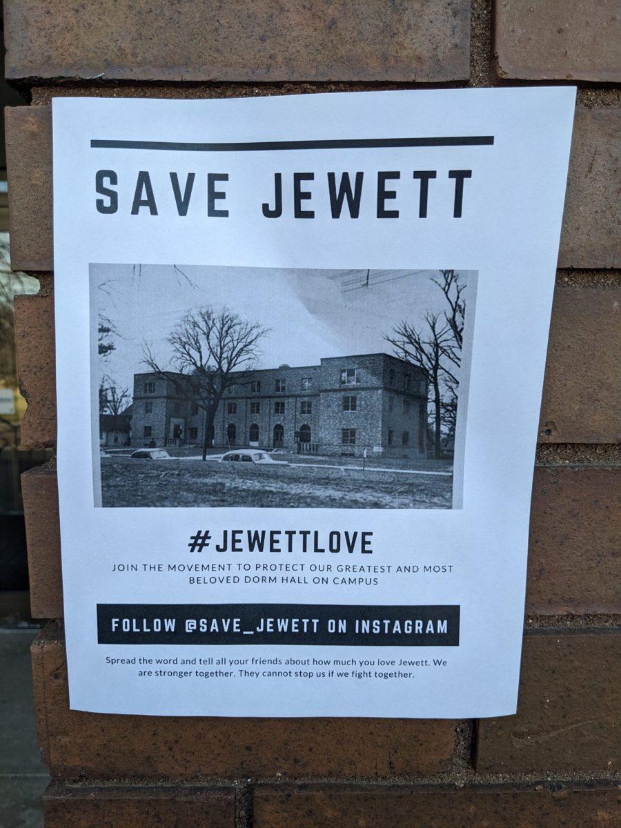 "Save Jewett" posters were hung up around campus by an anonymous student. What initially seemed like an effort to save the building now seems to many students like nothing but a joke to poke fun at Jewett. Photo by Maria Heath | Copy Editor