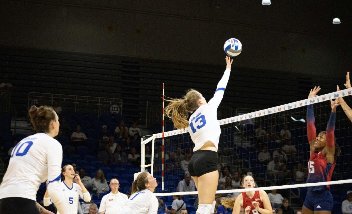 The Drake volleyball team finished their 2023 season with a 14-4 conference record and a 24-11 overall record, finishing in the Great 8 of the NIVC tournament after a 3-0 quarterfinal loss to Wichita State. Photo by Sarah Fey | Staff Photographer