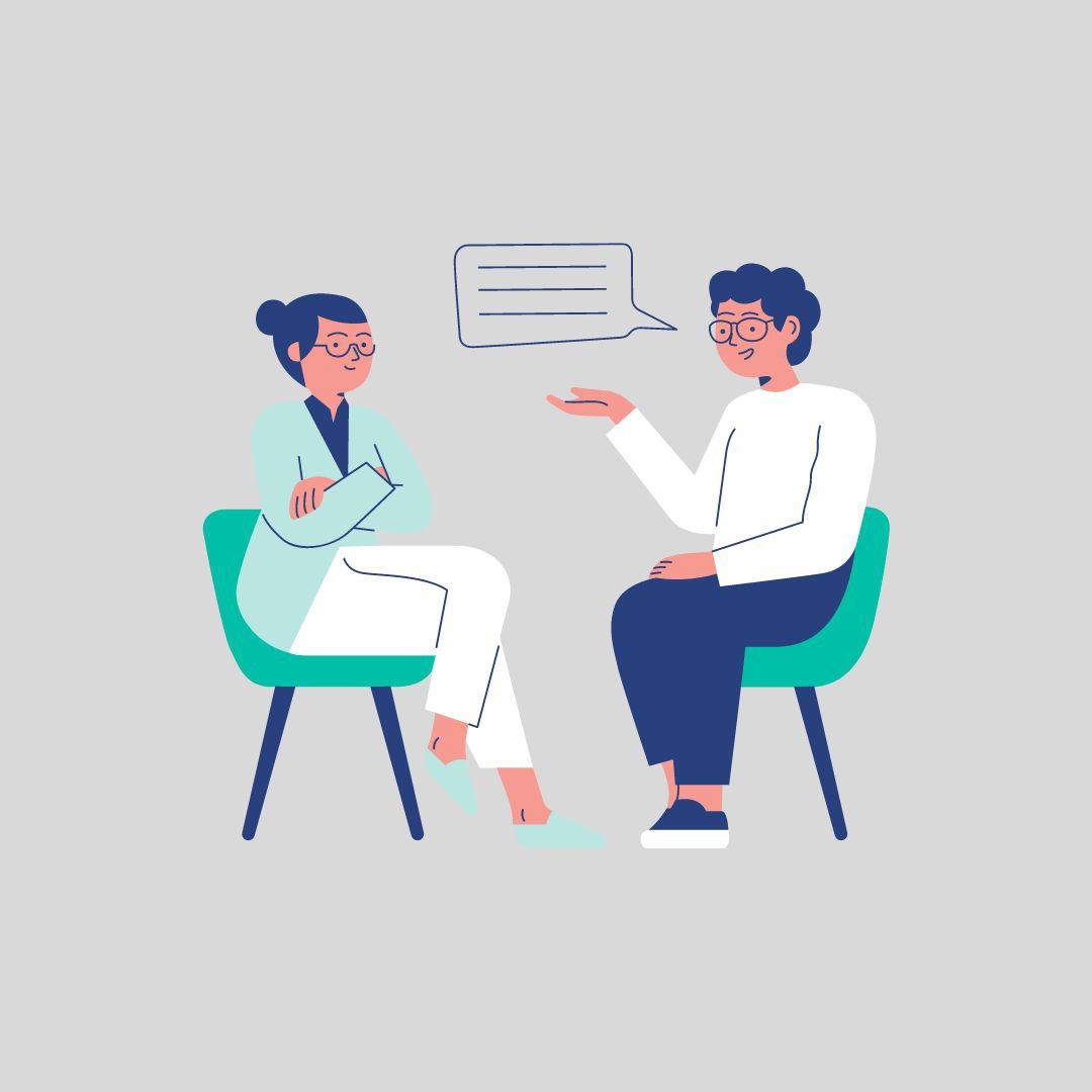 A graphic depicting a therapist and a patient speaking to each other