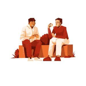 A graphic depicting two men sitting on a bench chatting