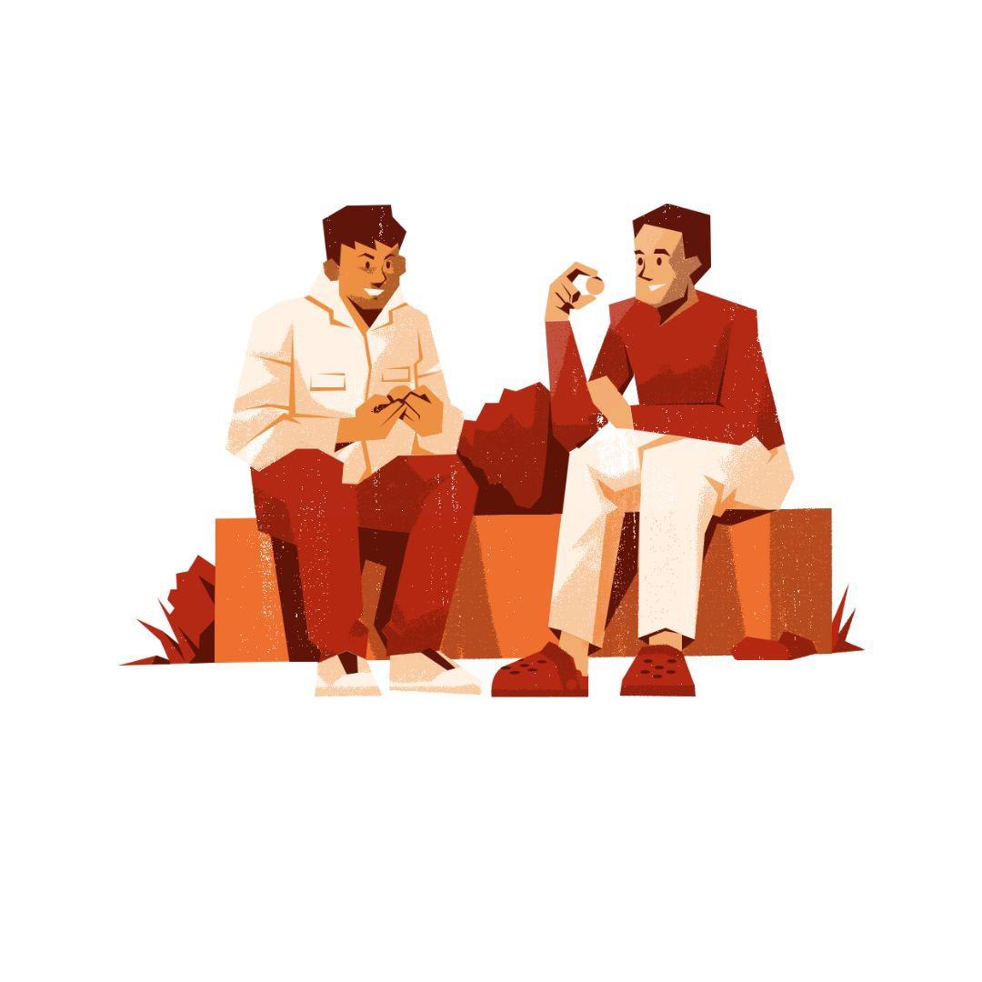 A graphic depicting two men sitting on a bench chatting