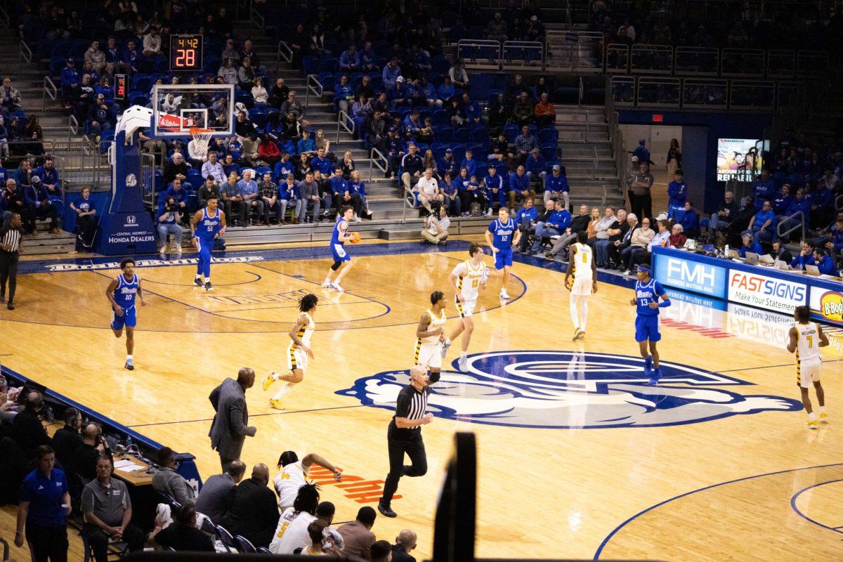 A landscape photo of a basketball game