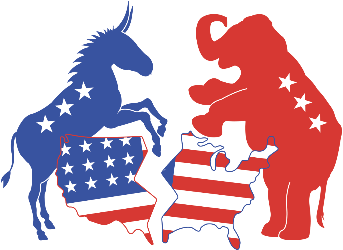 A graphic depicting the Democratic party's donkey and the GOP's elephant squaring off while the U.S. splits in half.