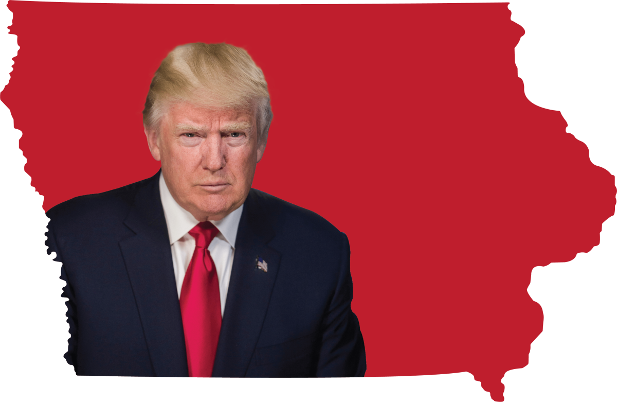 A graphic with Donald Trump super imposed over the state of Iowa.