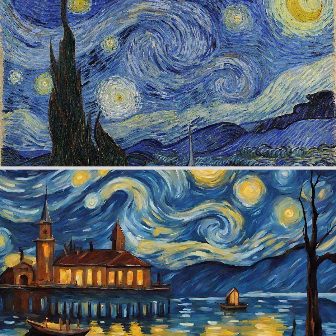 AI-generated art, like the "Starry Night" AI knockoff on bottom, will impact the careers of students graduating with art degrees. Photo by Canva AI