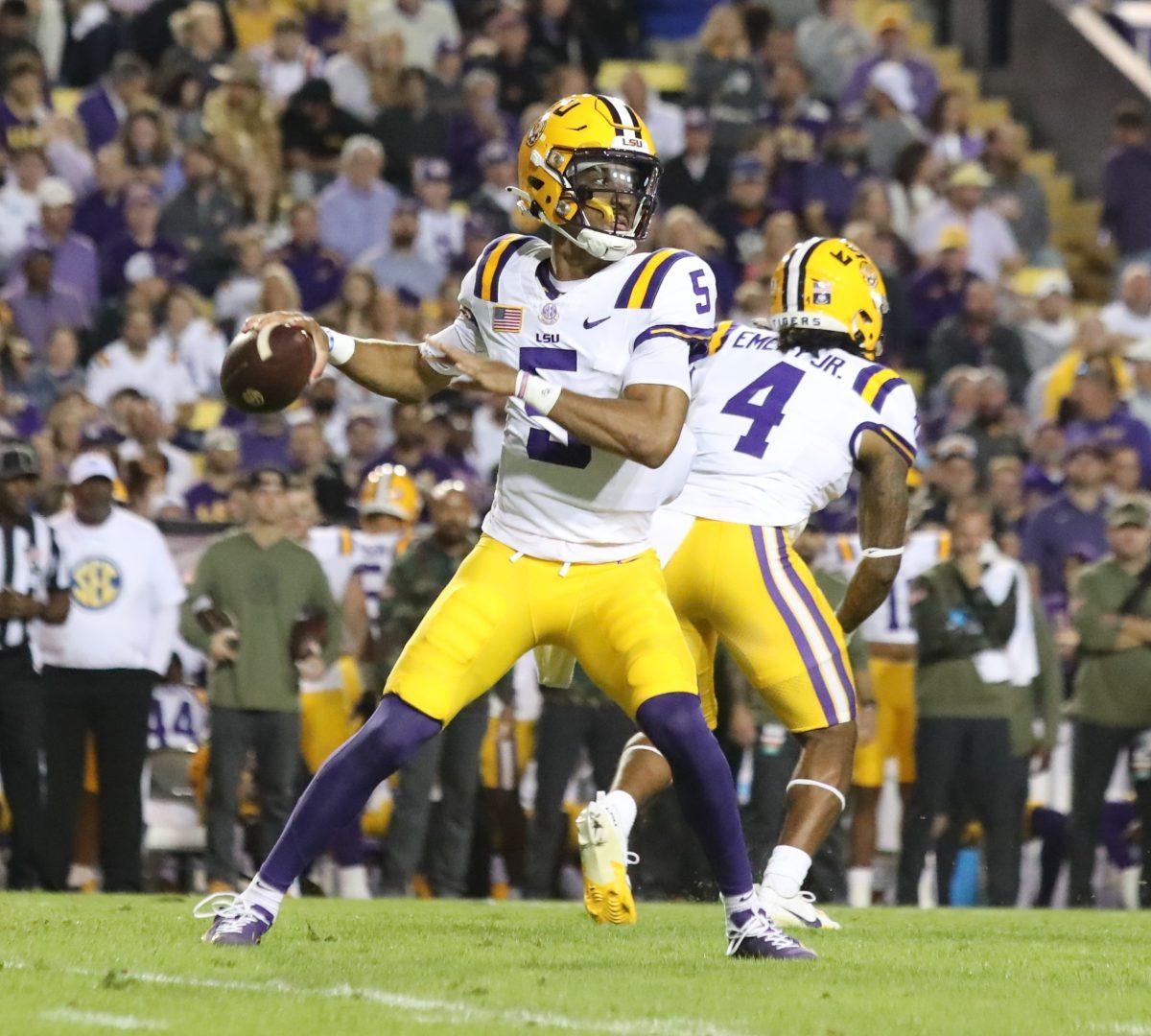 Jayden Daniels throwing the ball, in a photo from when he played for LSU