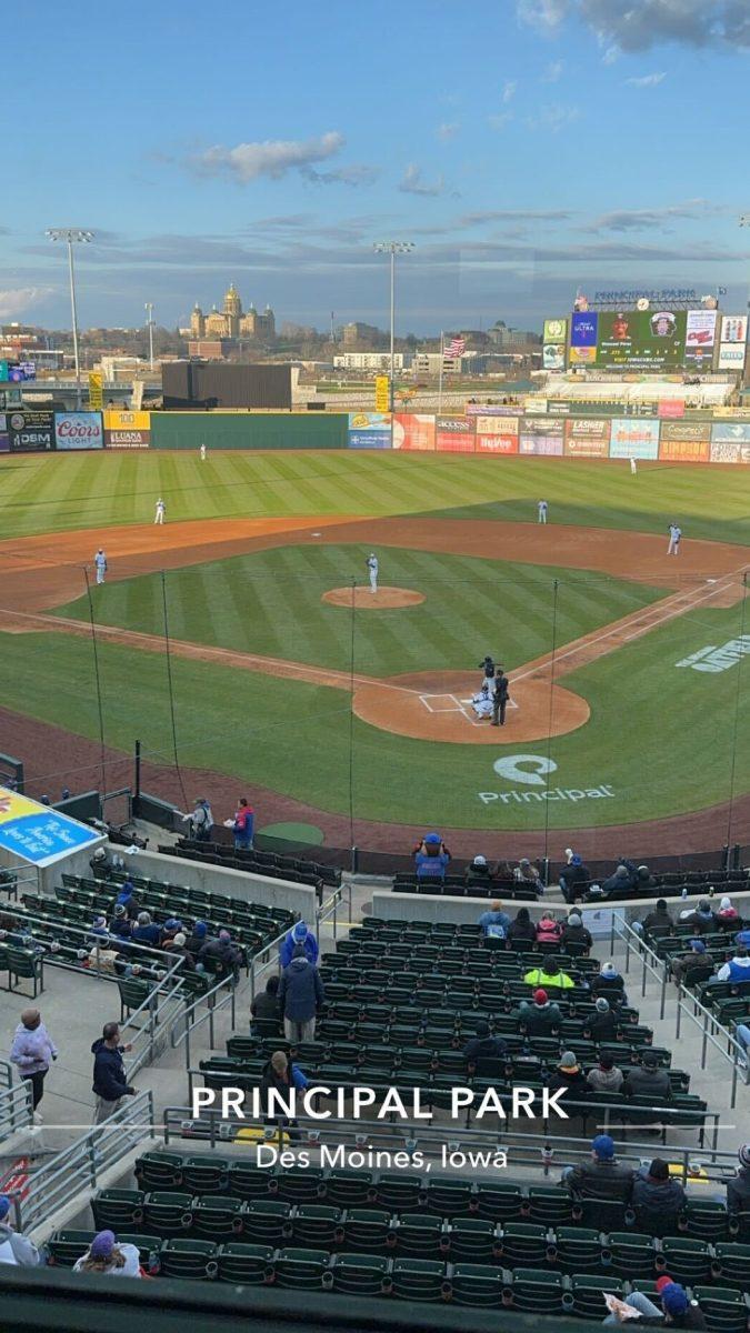 A photo of the Iowa Cubs game from the stands behind homeplate