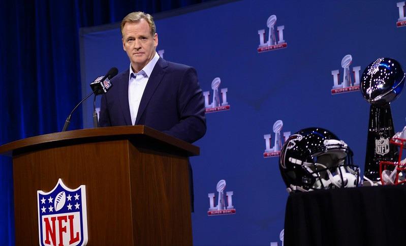 A photo of NFL Commissioner Roger Goodell at a press conference