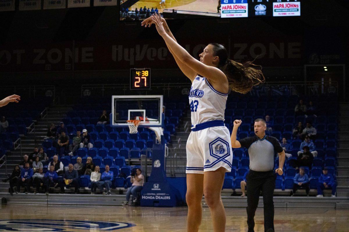 A Drake women's basketball player takes a shot