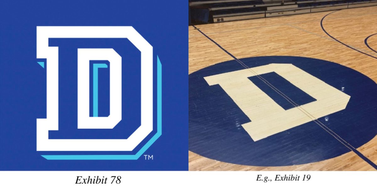 Drake's lawsuit against DMACC claims that DMACC's new logo resembles the vintage 'D' pictured on the floor of the Knapp Center. Photo courtesy of U.S. District Court files