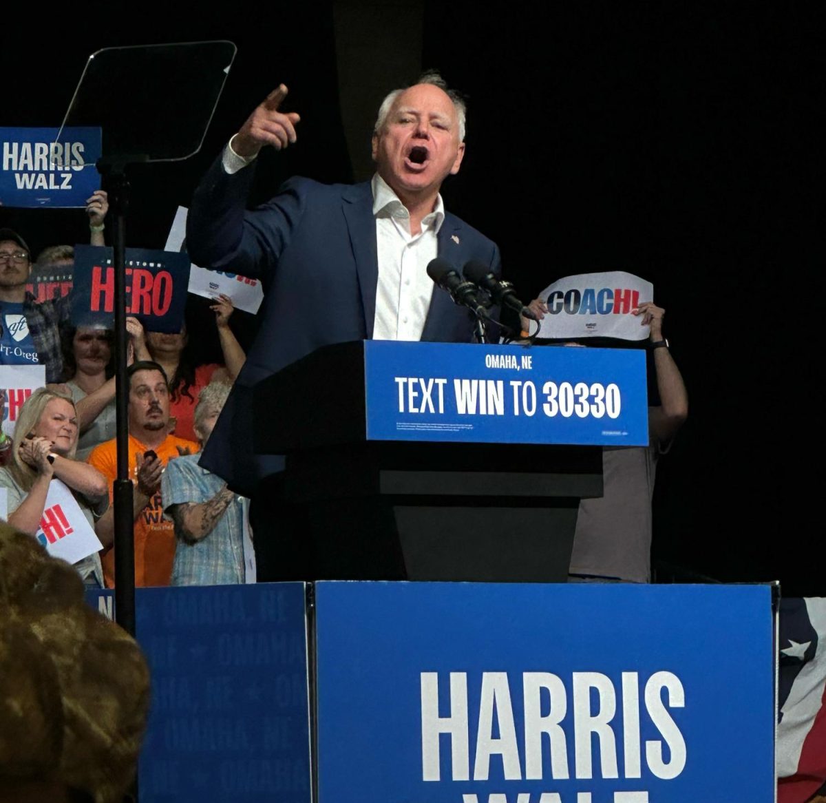 Tim Walz speaks about his Midwestern roots at a rally for the Harris-Walz campaign at the Astro Theater in La Vista, Nebraska on Aug. 17. 