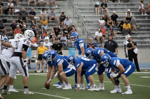 Drake Bulldogs work their way down the field in an attempt to widen Drake’s lead againt the Quincy Hawks with the help of Drake’s offensive line led by graduate quarterback Luke Bailey.