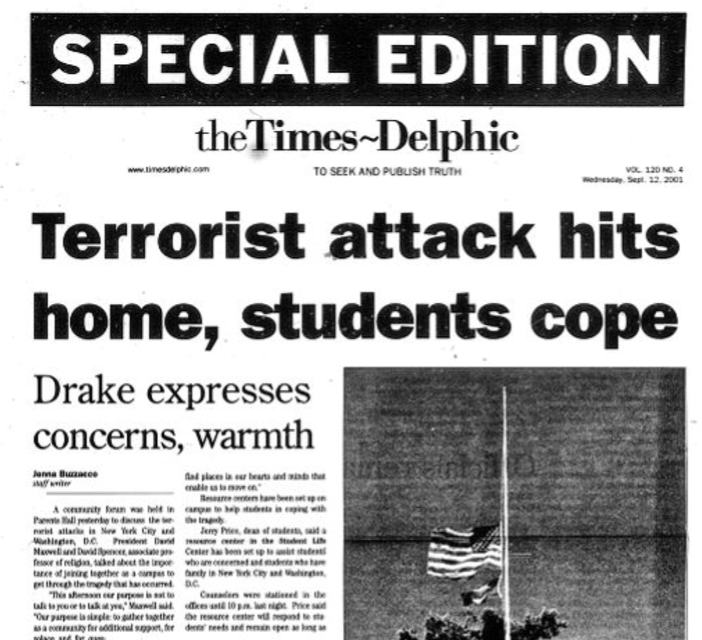 The Times-Delphic's special edition for 9/11. Courtesy of the Drake University Digital Collections.