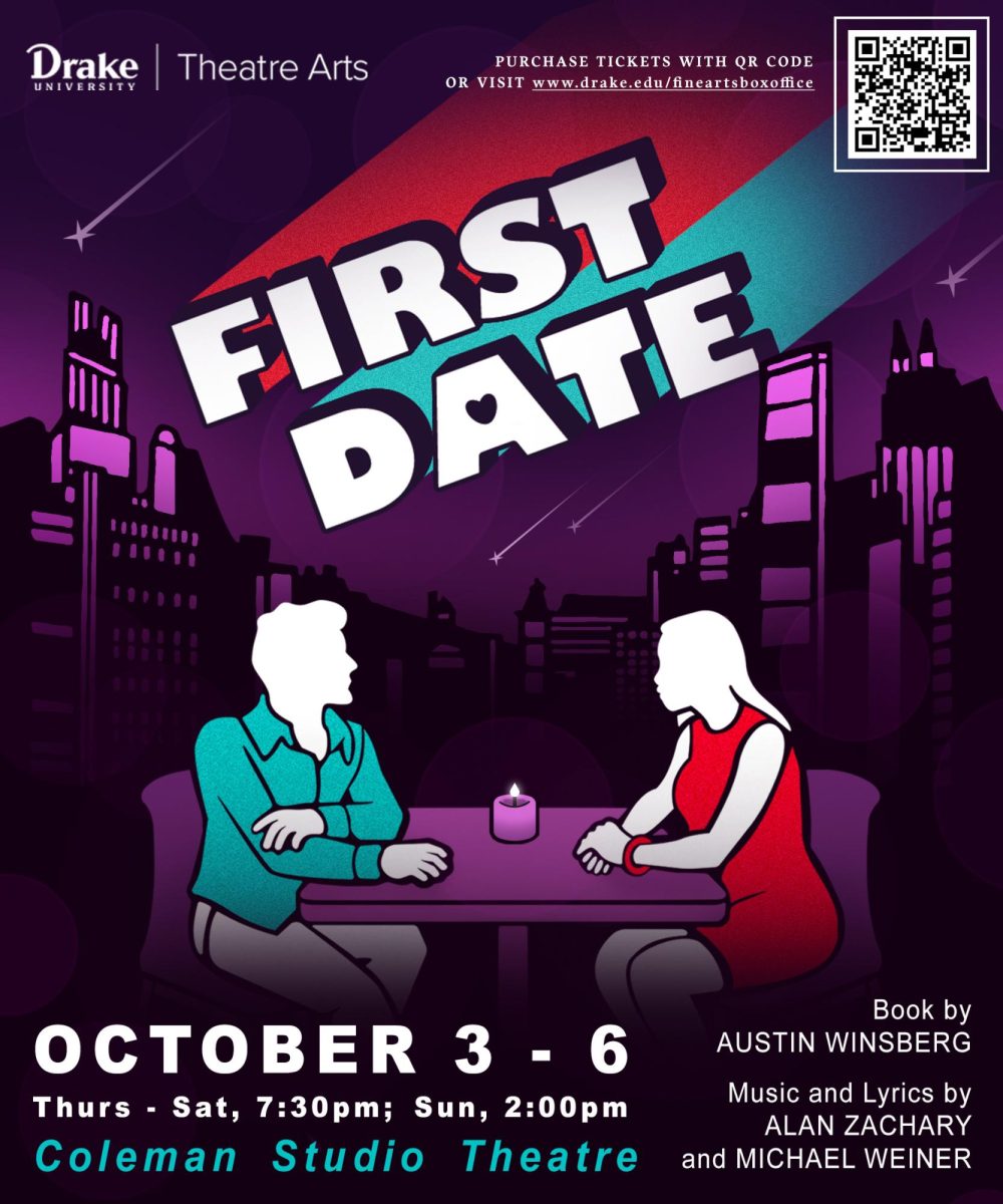 Drake Theatre Arts' latest production depicts two singles on a blind date. The catch? They have almost nothing in common. Graphic courtesy of Amber Hussain