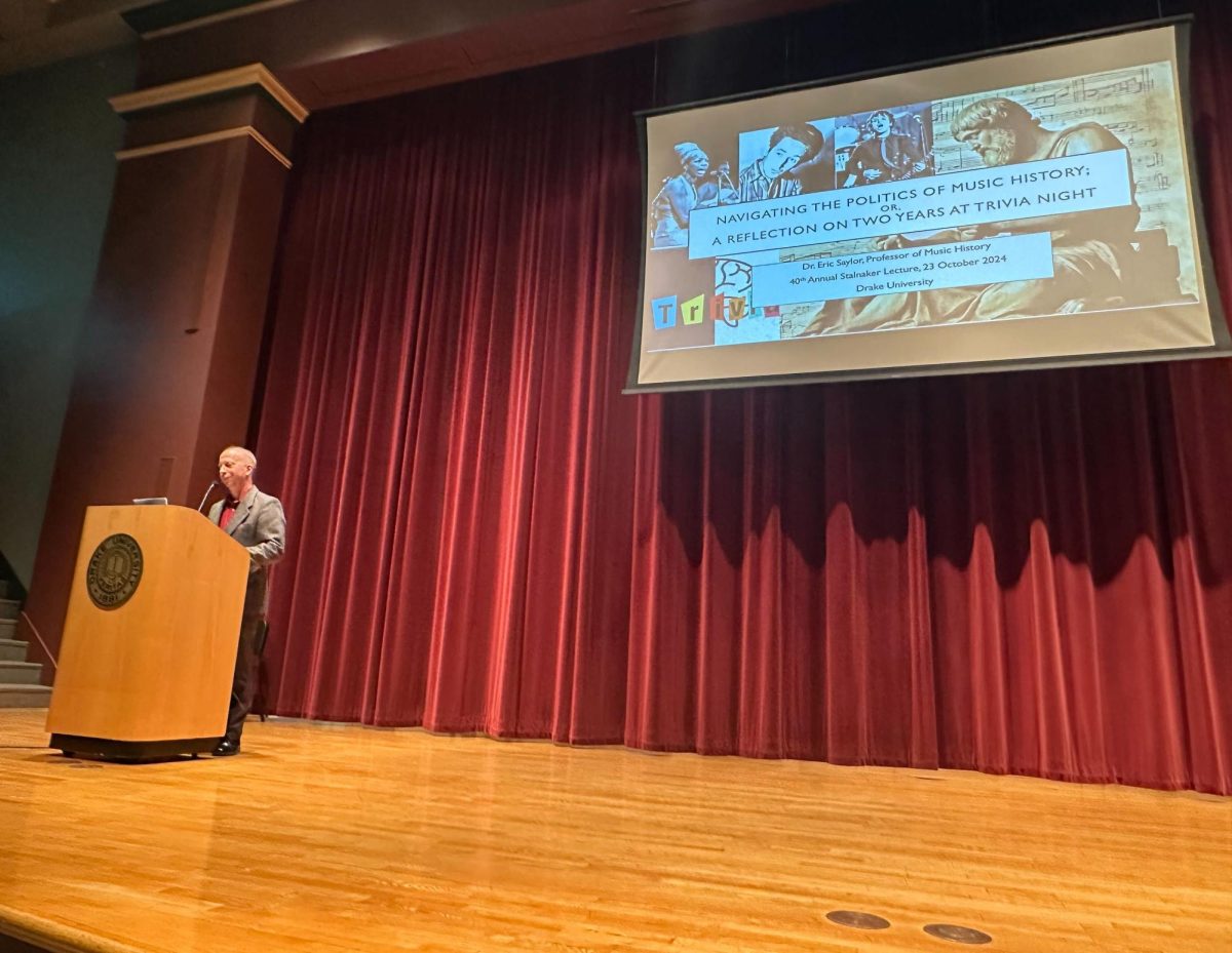 Eric Saylor, Professor of Music History at Drake, was this year’s Stalnaker Lecturer. Saylor spoke about a wide variety of topics last Wednesday night, including politics, philosophy, music and more.