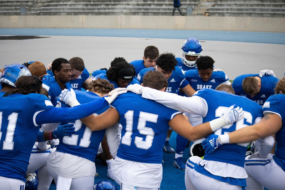 Drake men's football starts every game with a group prayer, which is followed by individual player prayers in the endzone. This ritual is meant to help the team mentally going into the game.
