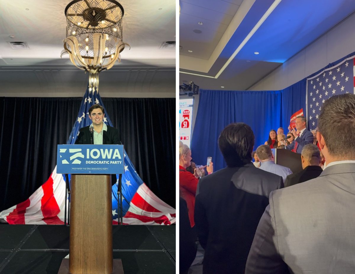 The Democratic and Republican parties of Iowa hosted watch parties on election night, which two Drake students attended. Photos courtesy of Jack Harrington and Josie Thompson.