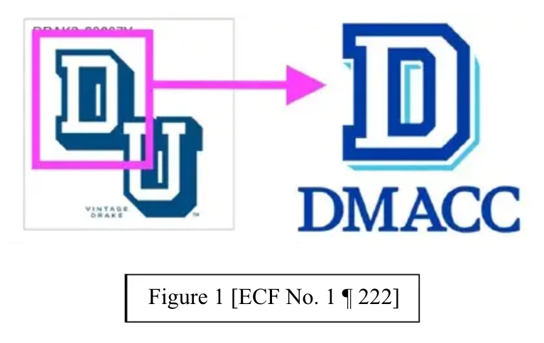 U.S. Chief District Judge Stephanie Rose wrote that DMACC’s new logo and color scheme are not distinct enough from Drake’s branding. graphics courtesy of U.S. District Court files.