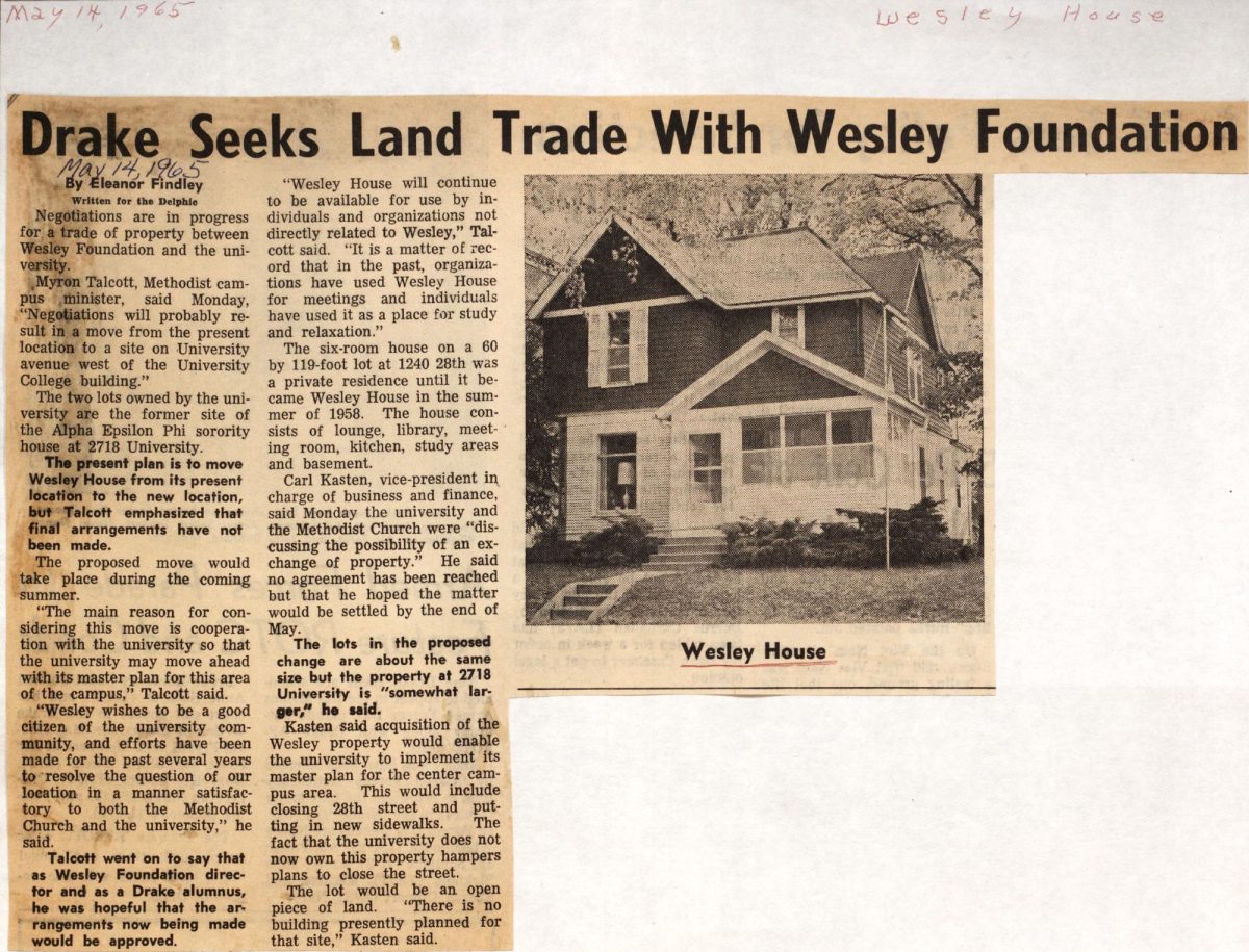 The Wesley House has occupied various lots in the neighborhoods surrounding Drake's campus over the last hundred years. Now, it's moving again thanks to Silent Rivers and InvestDSM. Photo courtesy of the Drake University Archives.