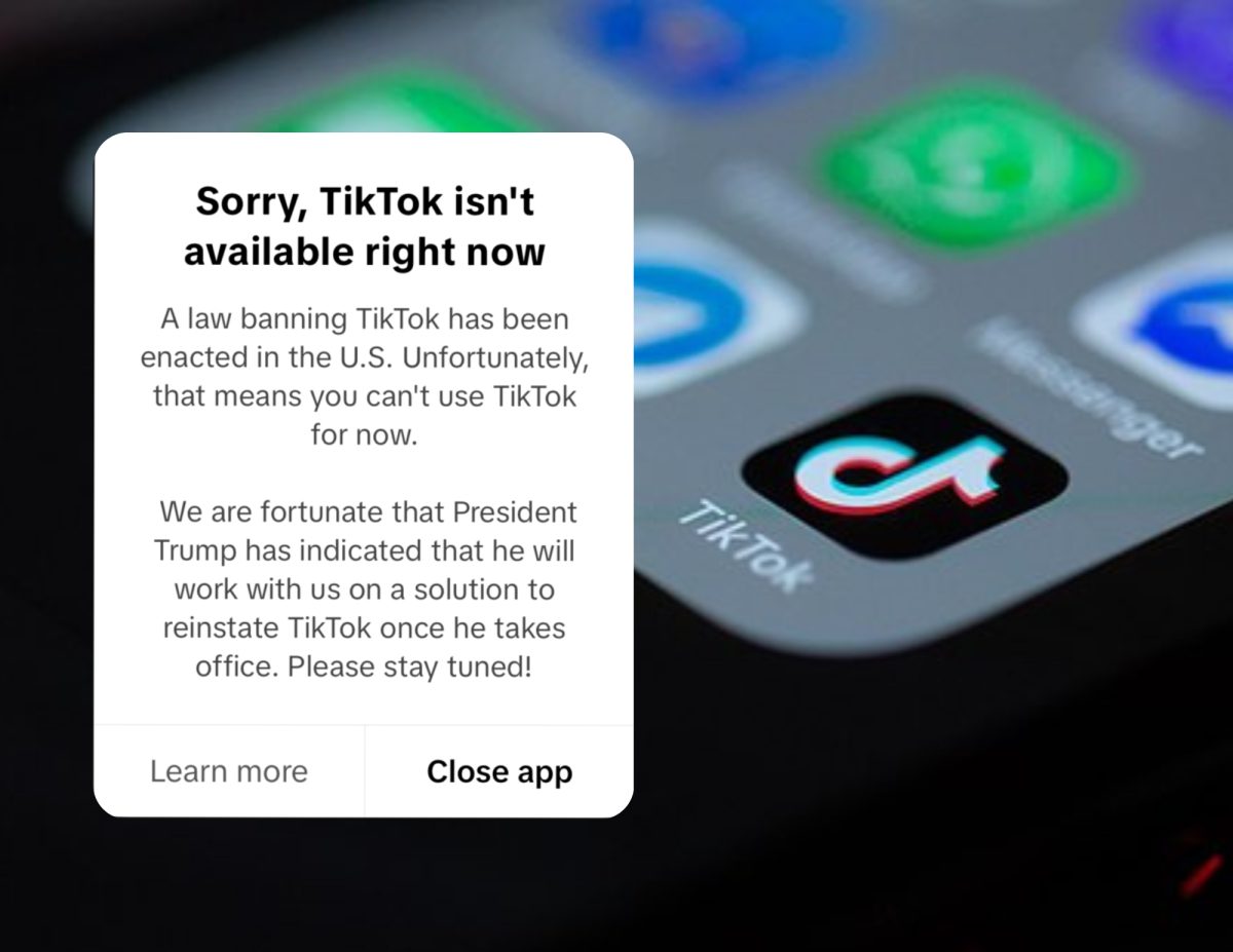 When the TikTok ban went into effect on Jan.  18, app users were met with a message that read, “Sorry, TikTok isn’t available right now.” Service was restored on Jan. 19, but the TikTok is still missing from app stores. Graphic by Eve Loehrer | News editor