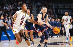 UConn Huskies and Paige Beckers take down the University of South Carolina Gamecocks in the latter’s home state, ending the Gamecock’s 71-home game winning streak. Photo courtesy of Wikimedia