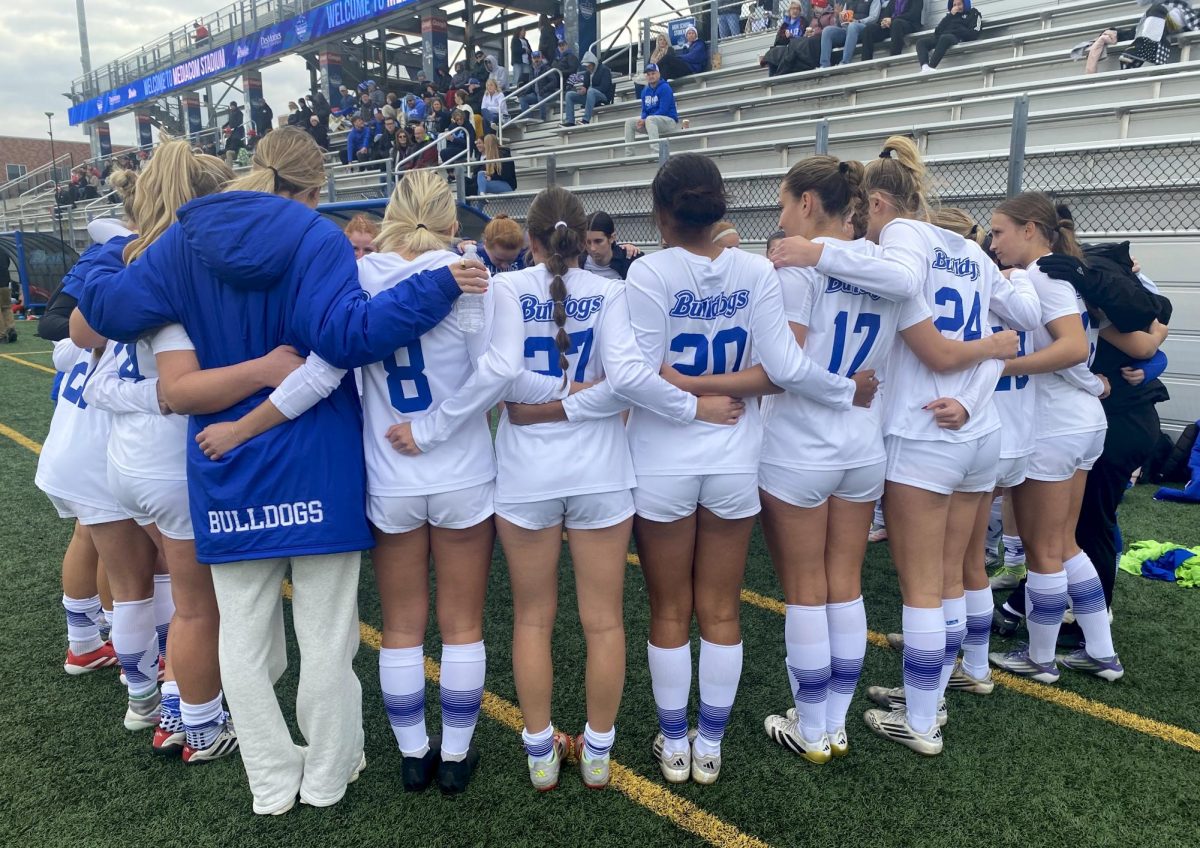 The women’s soccer team huddle together Nov. 6 in Mediacom Stadium during the second semi-finals round of the Missouri Valley Conference. The Bulldogs took a 0-1 loss against the Illinois State University Redbirds. 