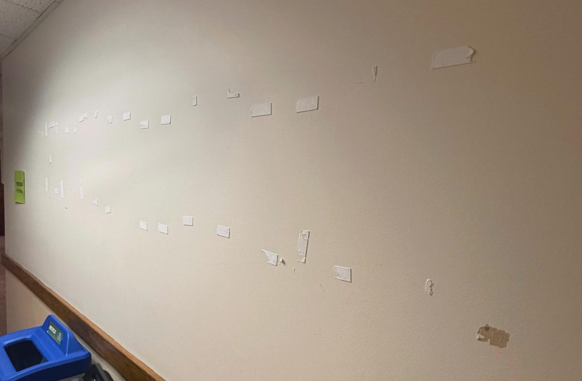 The adhesives that stuck the vandalized posters to the wall remain up on the third floor of Howard Hall. When removed, they will tear the paint off the wall.