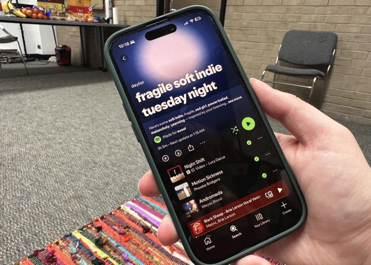 A spotify-made playlist displayed on a student’s phone screen. This writer is against algorithm-made music recommendations. 