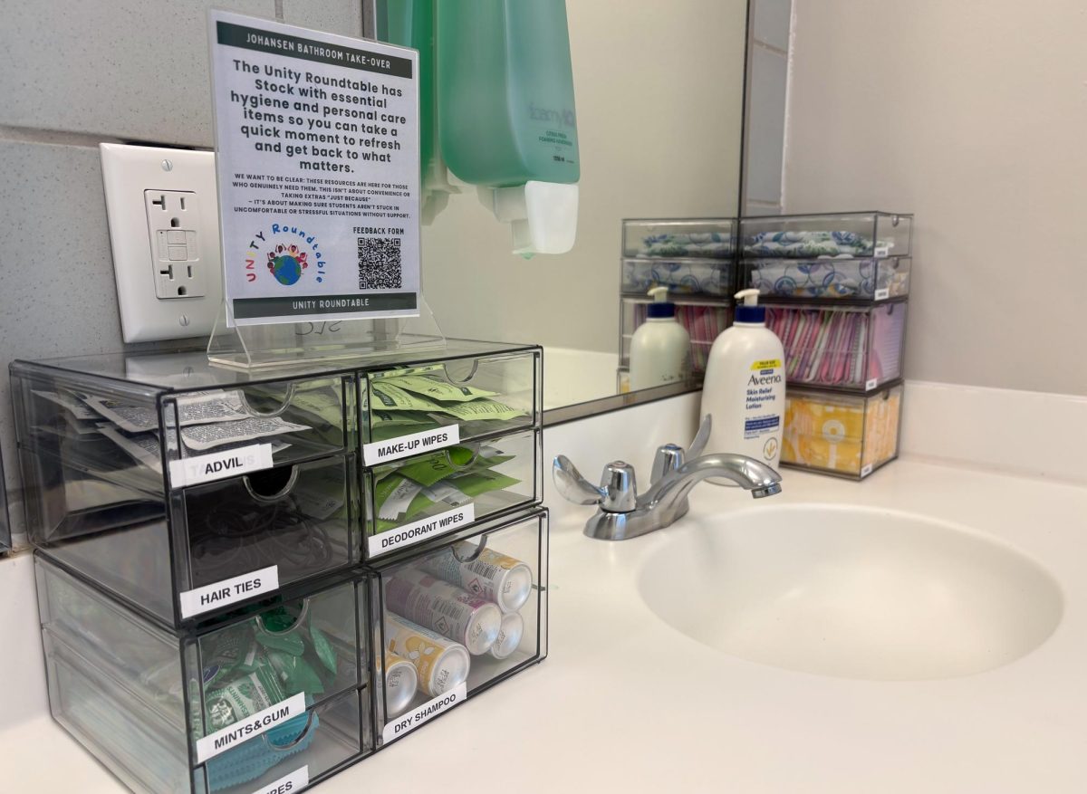 A selection of products from the Unity Roundtable Bathroom Takeover stand in a Johansen Student Center bathroom. Unity members worked to provide products such as Advil, hair ties and dry shampoo for students.