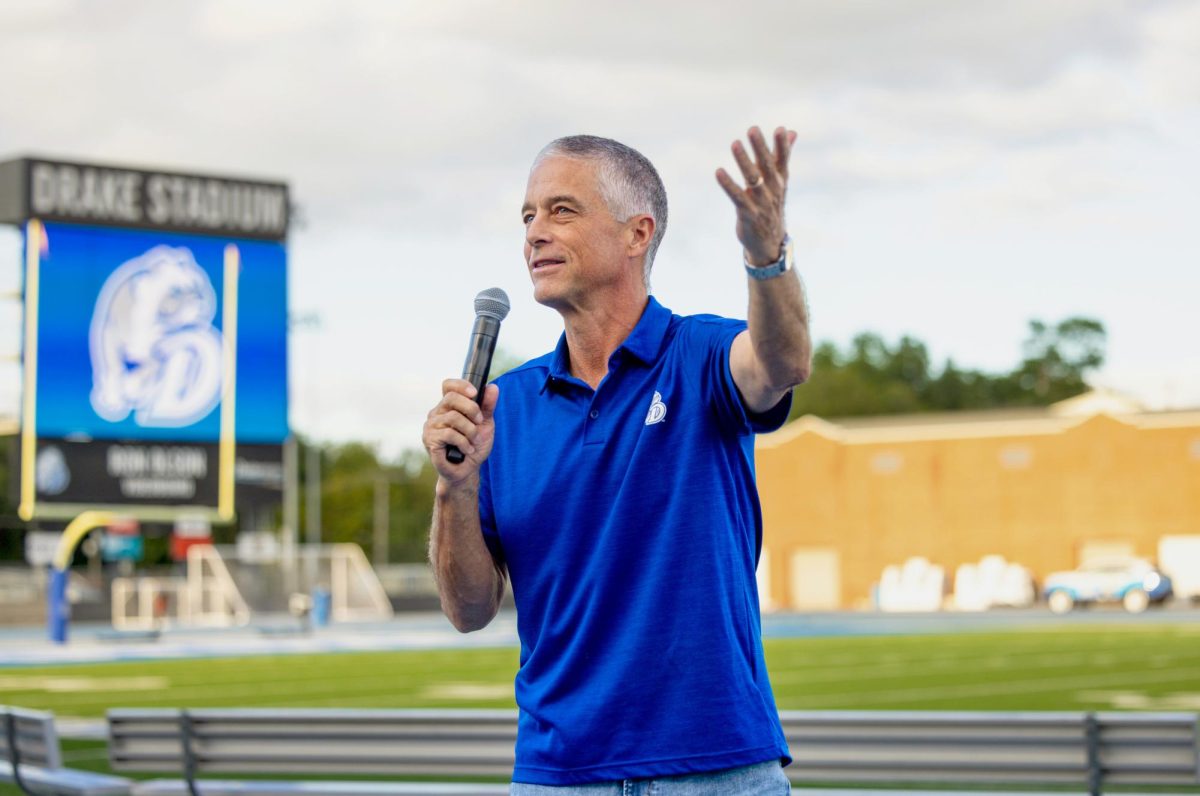 Drake University President Marty Martin welcomes the class of Fall 2025 at the Drake Stadium. Image provided by Drake University Office of University Communications and Marketing
