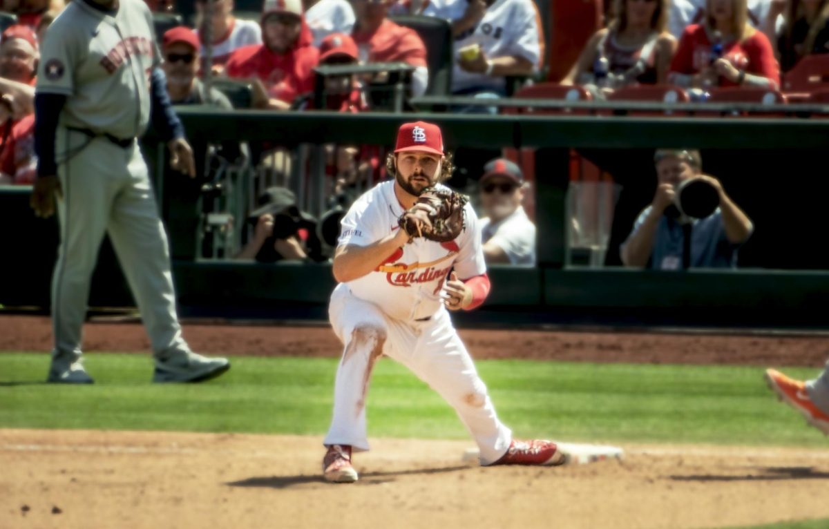 Cardinals first baseman Alec Burleson stands ready to catch the ball during an April 14, 2025, game against the Astros. Burleson has had three home runs so far this year. "Game 03 2025 Astros-Cardinals Apr 14-Burleson" Courtesy of John Max via Wikimedia