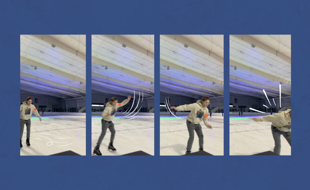 Emmett McMenamy struggles to find his balance while learning how to ice skate. Despite bumps on the road, McMenamy said he found the endeavor worthwhile. Photos courtesy of Emmett McMenamy 